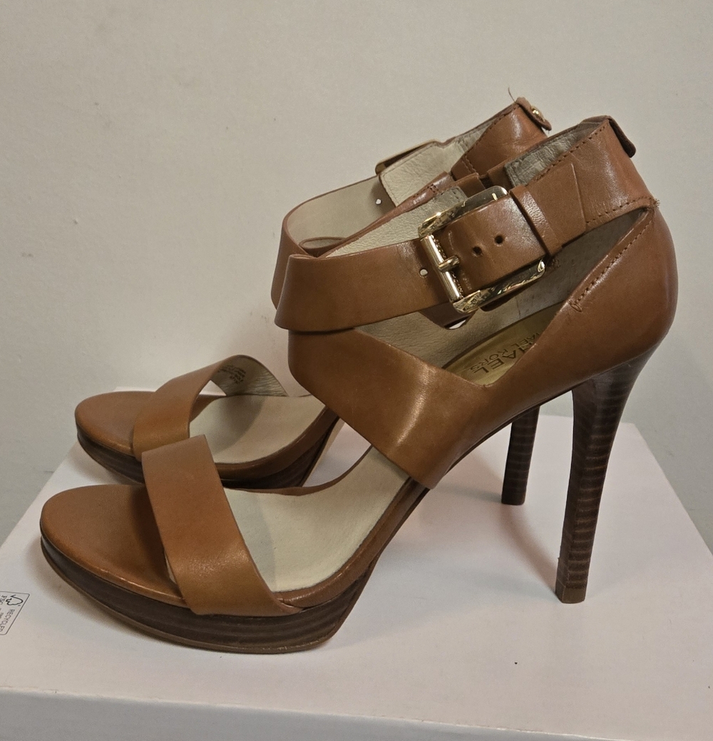 Michael Kors Tan Leather High Heel Sandals with Ankle Strap